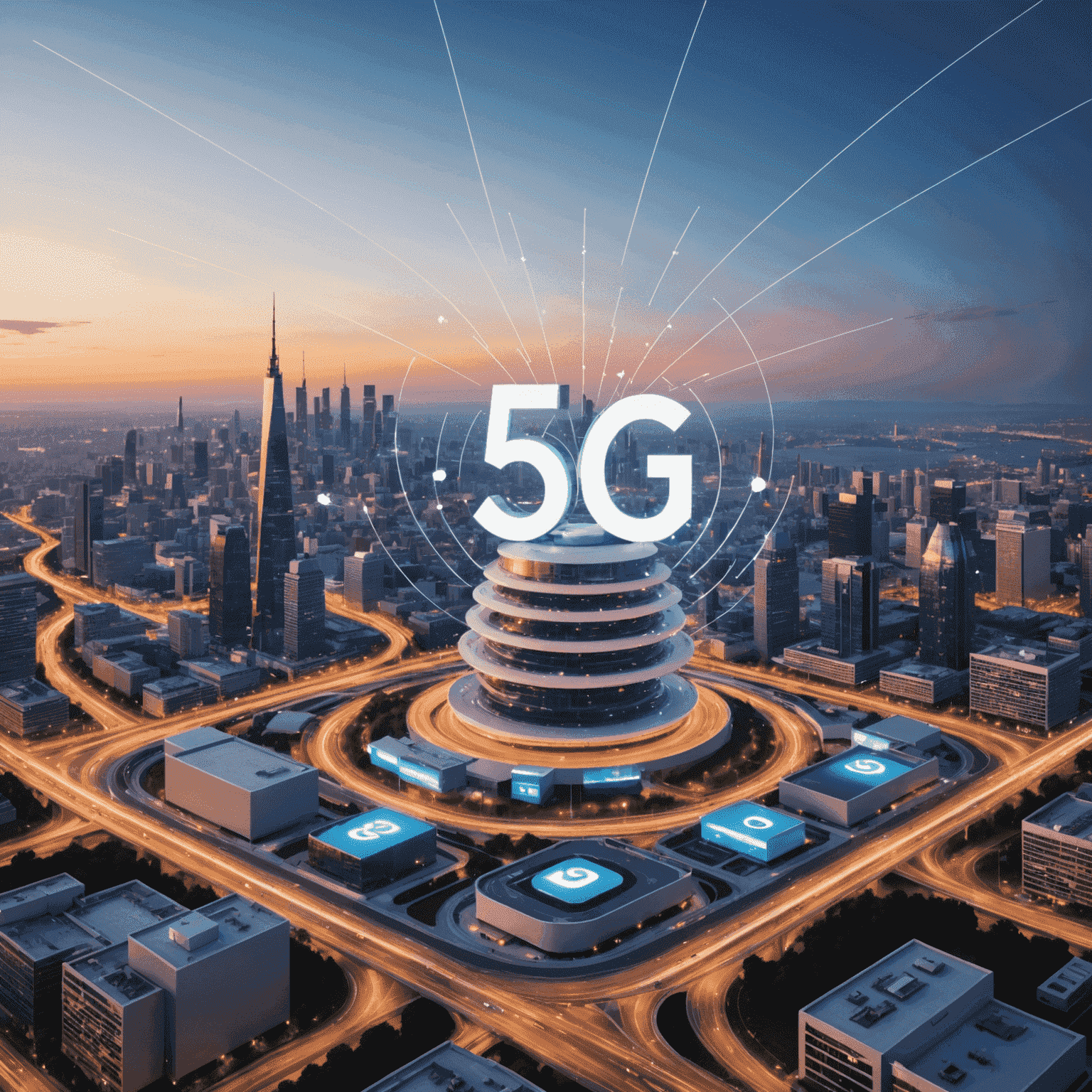 صورة توضيحية لتقنية الجيل الخامس 5G مع هوائيات وأجهزة محمولة تتصل بسرعات عالية