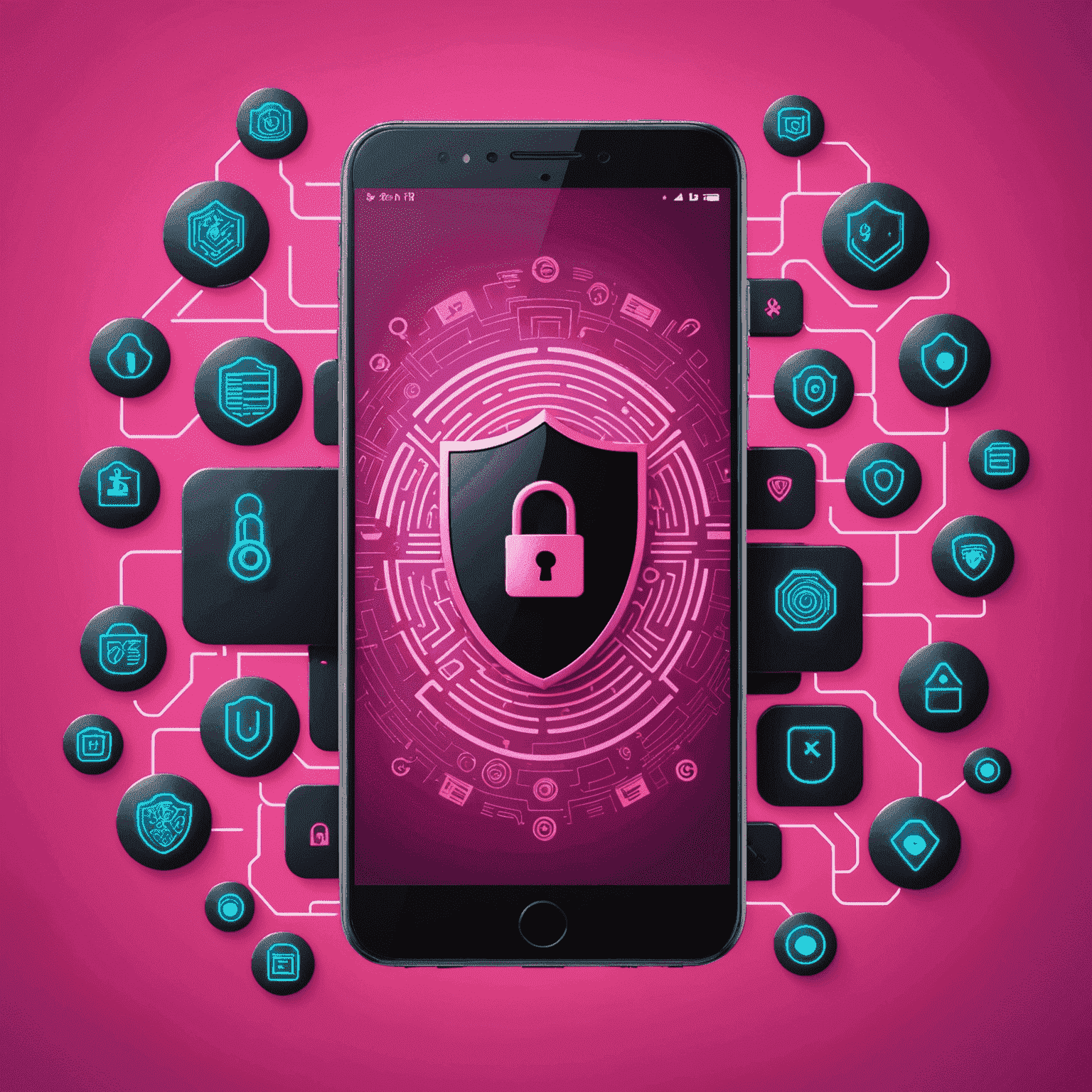 صورة توضيحية لهاتف ذكي محاط بأيقونات الأمان مثل القفل والدرع والبصمة، مع خلفية نيون وردية