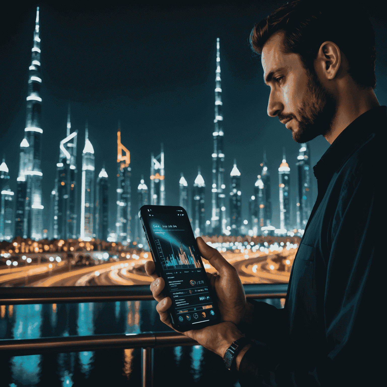 صورة لشخص يستخدم هاتفًا ذكيًا في مدينة دبي الحديثة، مع خلفية من ناطحات السحاب المضاءة بأضواء النيون. يظهر على شاشة الهاتف رسم بياني يوضح استخدام البيانات بألوان زاهية.
