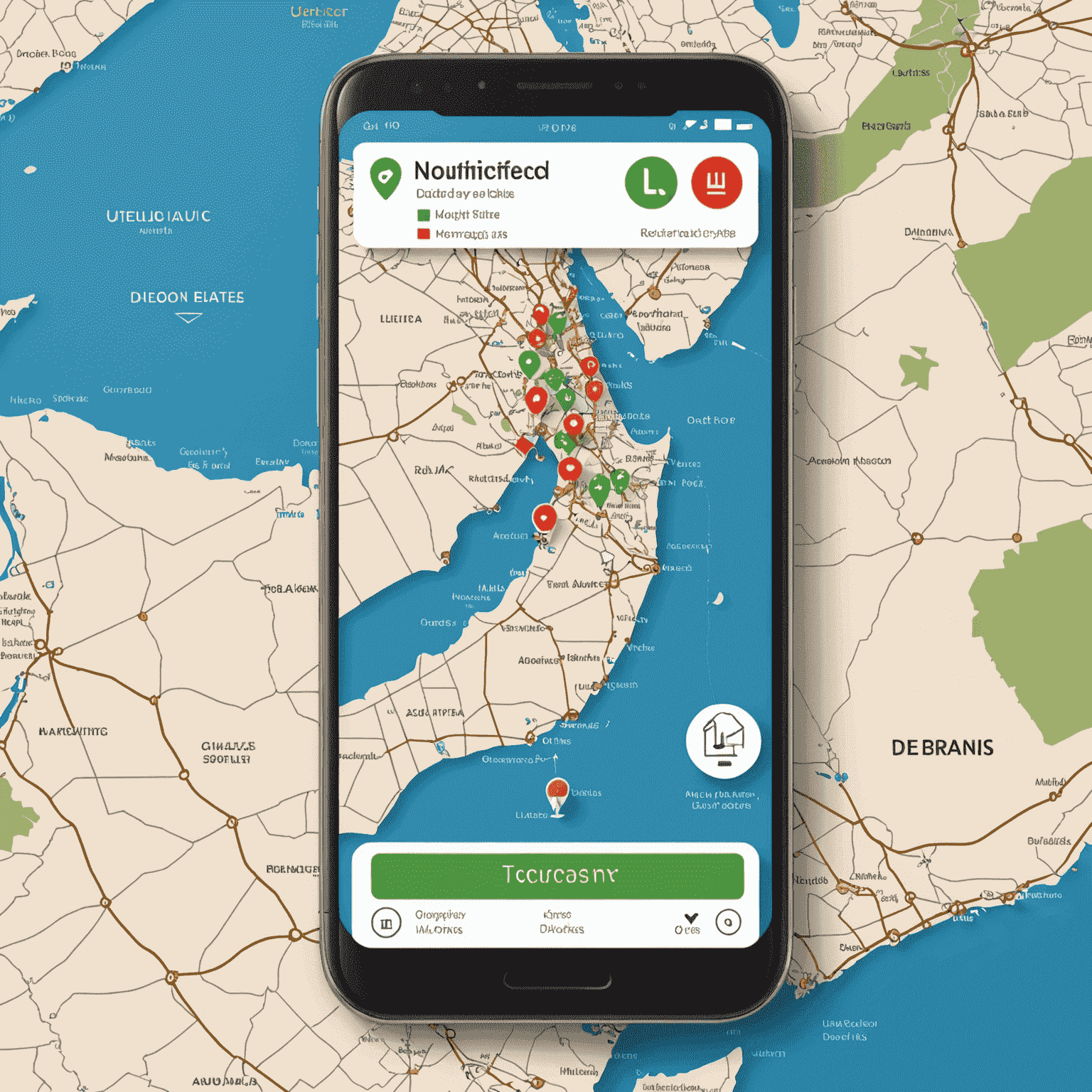 شاشة تطبيق تظهر خريطة الإمارات العربية المتحدة مع مؤشرات لنقاط إعادة الشحن